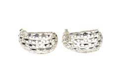 14K White Gold Diamond Cut Lattice Rounded Semi Hoop Earrings