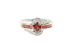 10K White Gold Oval Garnet Bypass CZ Accent Statement Ring