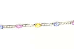 10K White Gold Scroll Filigree Bar Oval Syn. Sapphire Bracelet