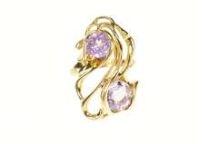 14K Yellow Gold Pink Topaz Ornate Wavy Statement Cocktail Ring
