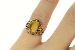 10K Yellow Gold Oval Tiger's Eye Cabochon Retro Statement Ring