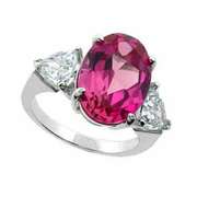 Sterling Silver Created Pink Sapphire Oval & CZ Triangles Ring