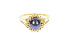 14K Yellow Gold Blue Pearl Diamond Halo Statement Ring