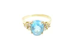 14K Yellow Gold Oval Blue Topaz Diamond Cluster Cocktail Ring