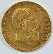 Choice BU 1875 Belgium 20 Francs Gold Piece. Scarcer