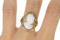 10K Yellow Gold Victorian Carved Shell Cameo Lady Bow Accent Ring