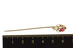 10K Yellow Gold Art Nouveau Syn. Ruby Seed Pearl Stick Pin