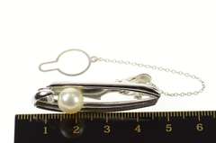 14K White Gold Retro Mikimoto Pearl Oval Geometric Diamond Tie Bar