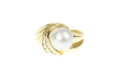 14K Yellow Gold Pearl Diamond Ornate Swirl Cocktail Statement Ring