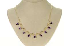 14K Yellow Gold Pear Amethyst Scalloped Drop Fringe Chain Necklace