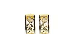 14K Yellow Gold Squared Black Enamel Leaf Vine Semi Hoop Earrings