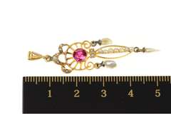 10K Yellow Gold Victorian Seed Pearl Syn. Ruby Ornate Drop Pendant