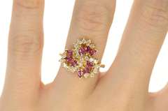 14K Yellow Gold Marquise Ruby Diamond Swirl Cluster Cocktail Ring