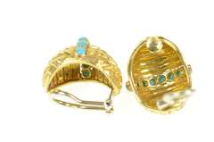 18K Yellow Gold Retro 1940's Ornate Turquoise Clip Back Earrings