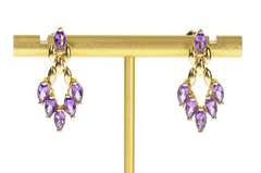 14K Yellow Gold Marquise Amethyst Chevron Dangle Statement Earrings