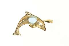 10K Yellow Gold Oval Blue Topaz Jumping Dolphin Pendant