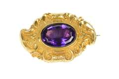 18K Yellow Gold Victorian Scroll Ornate Amethyst Mourning Pin/Brooch