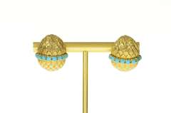 18K Yellow Gold Retro 1940's Ornate Turquoise Clip Back Earrings