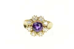 8K Yellow Gold Victorian Syn. Amethyst Rhinestone Halo Ring
