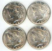 4 Diff. Choice BU Peace Silver Dollars 1922-1925