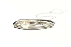 14K White Gold Retro Mikimoto Pearl Oval Geometric Diamond Tie Bar