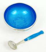 Vintage Denmark MEKA Sterling Enamel Salt Bowl & Spoon