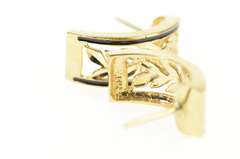 14K Yellow Gold Squared Black Enamel Leaf Vine Semi Hoop Earrings