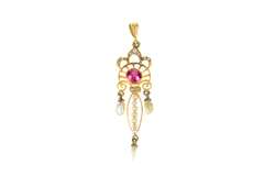 10K Yellow Gold Victorian Seed Pearl Syn. Ruby Ornate Drop Pendant