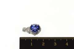 14K White Gold Ornate Round Syn. Sapphire Halo Statement Pendant