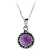 Sterling Silver Cabochon Amethyst Bali Beaded Circle Pendant