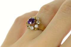 8K Yellow Gold Victorian Syn. Amethyst Rhinestone Halo Ring