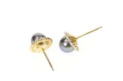 10K Yellow Gold Black Pearl Rhinestone Halo Accent Stud Earrings
