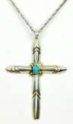 Signed Native American Large Sterling Turquoise Cross & Chain