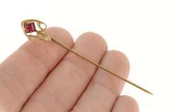 10K Yellow Gold Art Nouveau Syn. Ruby Seed Pearl Stick Pin