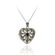 Sterling Silver Marcasite & Onyx Filigree Heart Locket Pendant