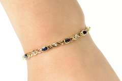 10K Yellow Gold Oval Natural Sapphire Diamond Wavy Link Bracelet