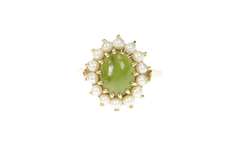 10K Yellow Gold Ornate Nephrite Jade Pearl Halo Cocktail Ring