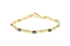 10K Yellow Gold Oval Natural Sapphire Diamond Wavy Link Bracelet