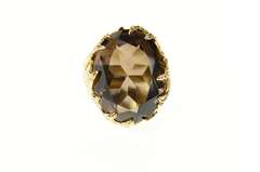 10K Yellow Gold Retro Textured Leaf Motif Smoky Quartz Ring
