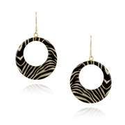 Gold Tone Enamel Zebra Print Circle Dangle Earrings