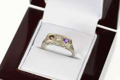 14K White Gold Art Deco Ornate Filigree Diamond Amethyst Ring