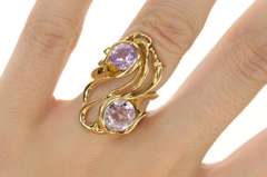 14K Yellow Gold Pink Topaz Ornate Wavy Statement Cocktail Ring
