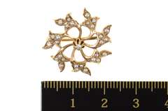 10K Yellow Gold Victorian Seed Pearl Scroll Diamond Pendant/Pin