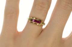 8K Yellow Gold 1940's Syn. Princess Ruby Statement Band Ring