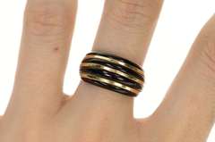 10K Yellow Gold Carved Black Onyx Domed Striped Statement Ring
