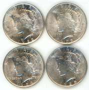 4 Flashy-white Choice BU 1922-1925 Peace Silver Dollars