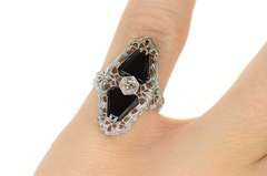14K White Gold Art Deco Elaborate Filigree Diamond Black Onyx Ring