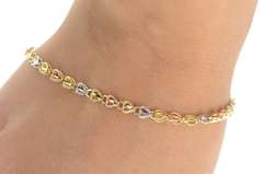 10K Yellow Gold Tri Tone Diamond Cut Heart Link Bracelet