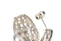 14K White Gold Diamond Cut Lattice Rounded Semi Hoop Earrings