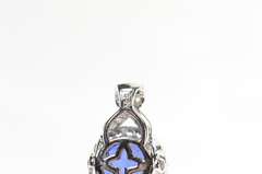 14K White Gold Ornate Round Syn. Sapphire Halo Statement Pendant